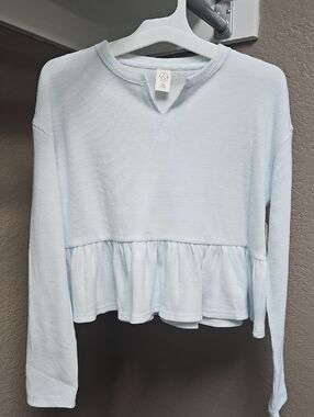 Light Blue Ruffle Hem Long-Sleeve Top